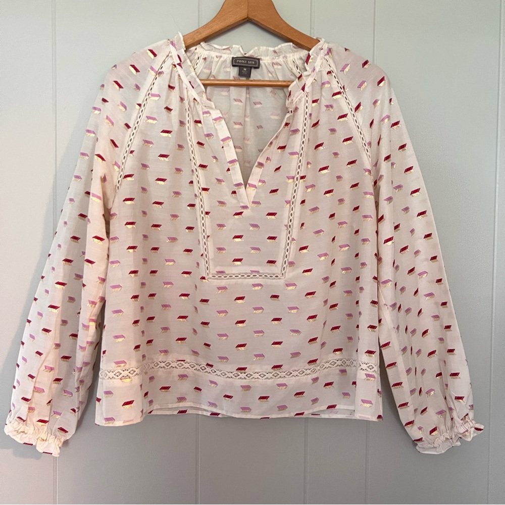 Point Sur Cream Gold Pink Stitched Design Lace V-Neck Peasant Whimsical Top M
